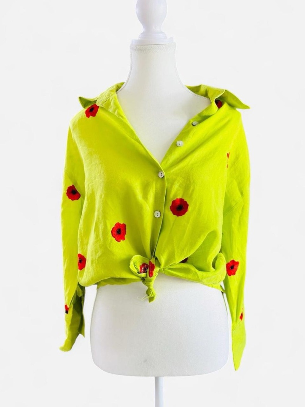 Casey Coleman 100% Linen Green Floral Embroidered Poppy Top - S